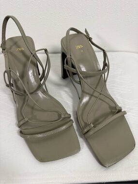 Zara Strappy Block Heel Sandals Sage Taupe Square Toe Ankle Strap EU 38